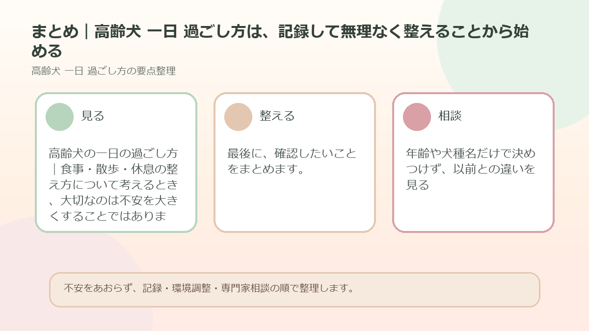 まとめ｜高齢犬 一日 過ごし方は、記録して無理なく整えることから始めるを整理した図解