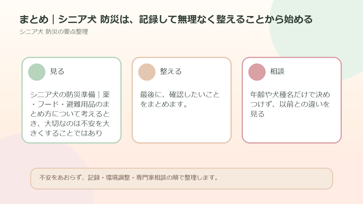 まとめ｜シニア犬 防災は、記録して無理なく整えることから始めるを整理した図解