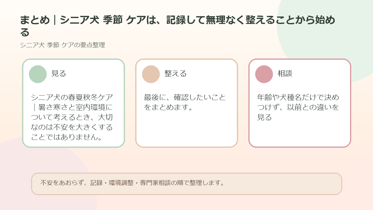 まとめ｜シニア犬 季節 ケアは、記録して無理なく整えることから始めるを整理した図解