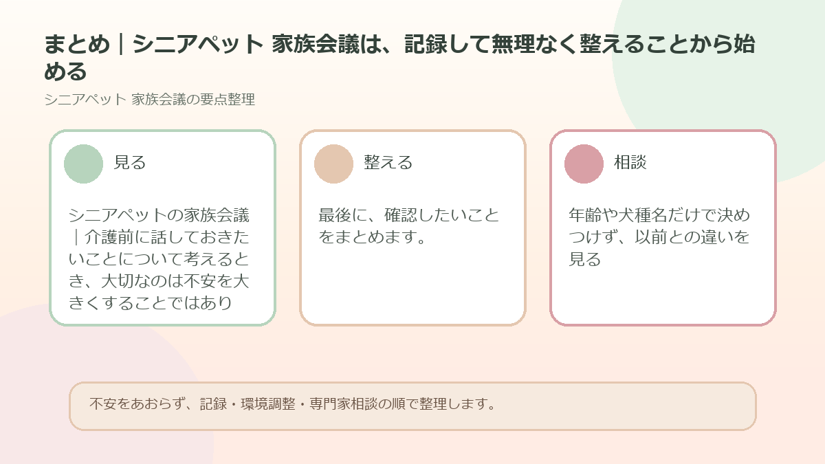 まとめ｜シニアペット 家族会議は、記録して無理なく整えることから始めるを整理した図解