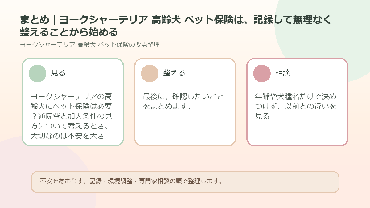 まとめ｜ヨークシャーテリア 高齢犬 ペット保険は、記録して無理なく整えることから始めるを整理した図解