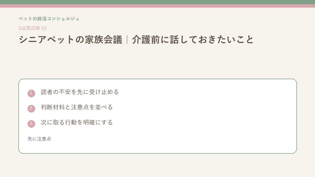 シニアペットの家族会議｜介護前に話しておきたいことの先に注意点を整理したS品質図解