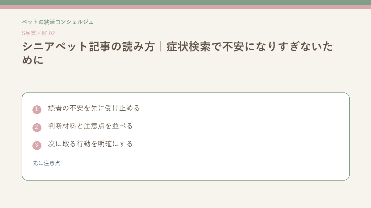 シニアペット記事の読み方｜症状検索で不安になりすぎないためにの先に注意点を整理したS品質図解