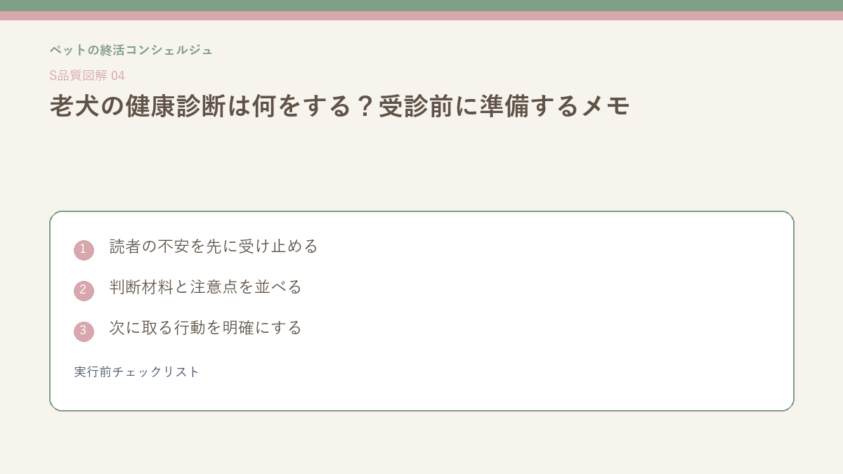 老犬の健康診断は何をする？受診前に準備するメモの実行前チェックリストを整理したS品質図解