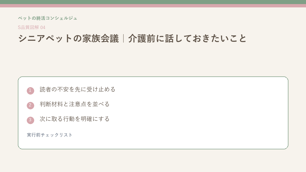 シニアペットの家族会議｜介護前に話しておきたいことの実行前チェックリストを整理したS品質図解